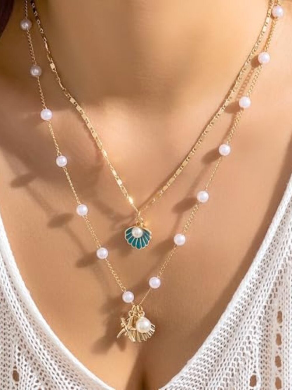 Pearl Shell Pendant Layered Necklace,Charming Dainty White Bead Stacking‎ Choker